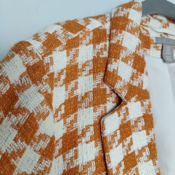 H&M Women's Sz XL Orange Houndstooth Tweed Oversize Blazer Gold Buttons - Picture 2 of 7